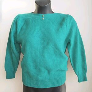 Vintage Sweater Size Medium Petite Kelly Green Angora Rabbit Fur Cozy Winter